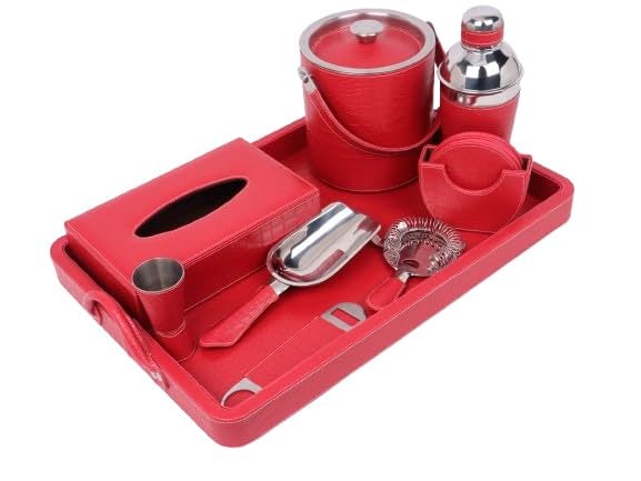 essart Faux Leather Red Croco Faux Leather Bar Set Cocktail Shaker, Insulated Ice Bucket with Scoop, Large Serving Tray, 4 Coasters, Jigger, Bottle Opener, Strainer & Luxury Tissue Box Cover - Image 1