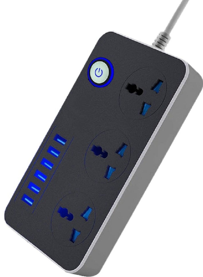 3 Way Power Extension Cord, 3 Universal Plugs Power Strip, 6 USB Fast Charging Ports 2 Meters Cable Surge Protector  - Image 1