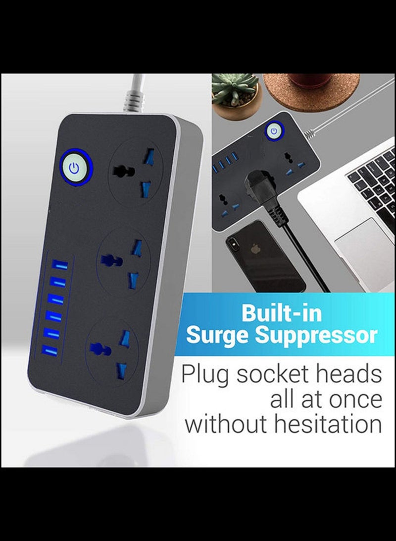3 Way Power Extension Cord, 3 Universal Plugs Power Strip, 6 USB Fast Charging Ports 2 Meters Cable Surge Protector  - Image 2