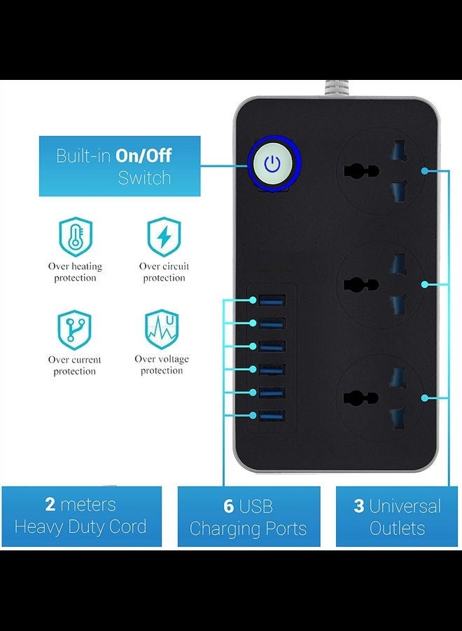3 Way Power Extension Cord, 3 Universal Plugs Power Strip, 6 USB Fast Charging Ports 2 Meters Cable Surge Protector  - Image 5