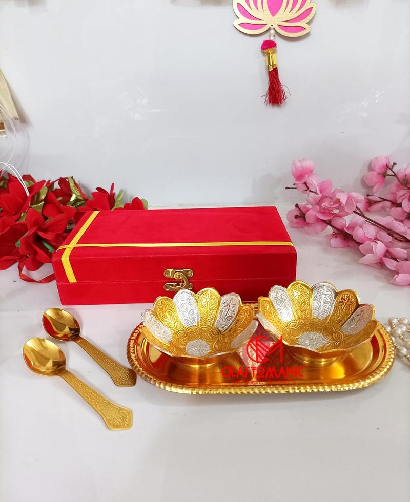 CRAFTOMANIC German Gold Silver Brass Round Bowl Set with Tray and Spoon with Royal Royal Luxury Velvet Gift Box Pack Best for Home Decor Wedding Gift Diwali Gift and Multiuse - Image 1