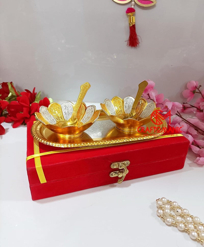 CRAFTOMANIC German Gold Silver Brass Round Bowl Set with Tray and Spoon with Royal Royal Luxury Velvet Gift Box Pack Best for Home Decor Wedding Gift Diwali Gift and Multiuse - Image 3
