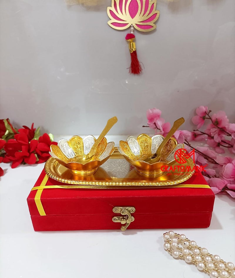 CRAFTOMANIC German Gold Silver Brass Round Bowl Set with Tray and Spoon with Royal Royal Luxury Velvet Gift Box Pack Best for Home Decor Wedding Gift Diwali Gift and Multiuse - Image 2