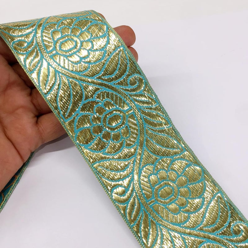 Lami لأمي شريط جري/زاري ذهبي بطول 9 متر على قاعدة زرقاء، تصميم زهرة ذهبية، شريط تزيين للديكور المنزلي، فستان زفاف، ساري، دوبتة، بدلة، شريط أناركالي، مادة حرفية للخياطة DIY - Image 5
