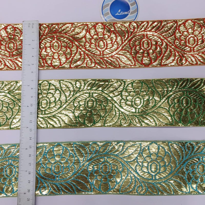 Lami لأمي شريط جري/زاري ذهبي بطول 9 متر على قاعدة زرقاء، تصميم زهرة ذهبية، شريط تزيين للديكور المنزلي، فستان زفاف، ساري، دوبتة، بدلة، شريط أناركالي، مادة حرفية للخياطة DIY - Image 4