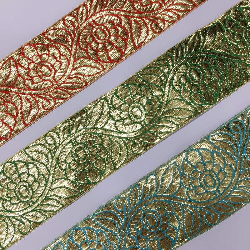 Lami لأمي شريط جري/زاري ذهبي بطول 9 متر على قاعدة زرقاء، تصميم زهرة ذهبية، شريط تزيين للديكور المنزلي، فستان زفاف، ساري، دوبتة، بدلة، شريط أناركالي، مادة حرفية للخياطة DIY - Image 3