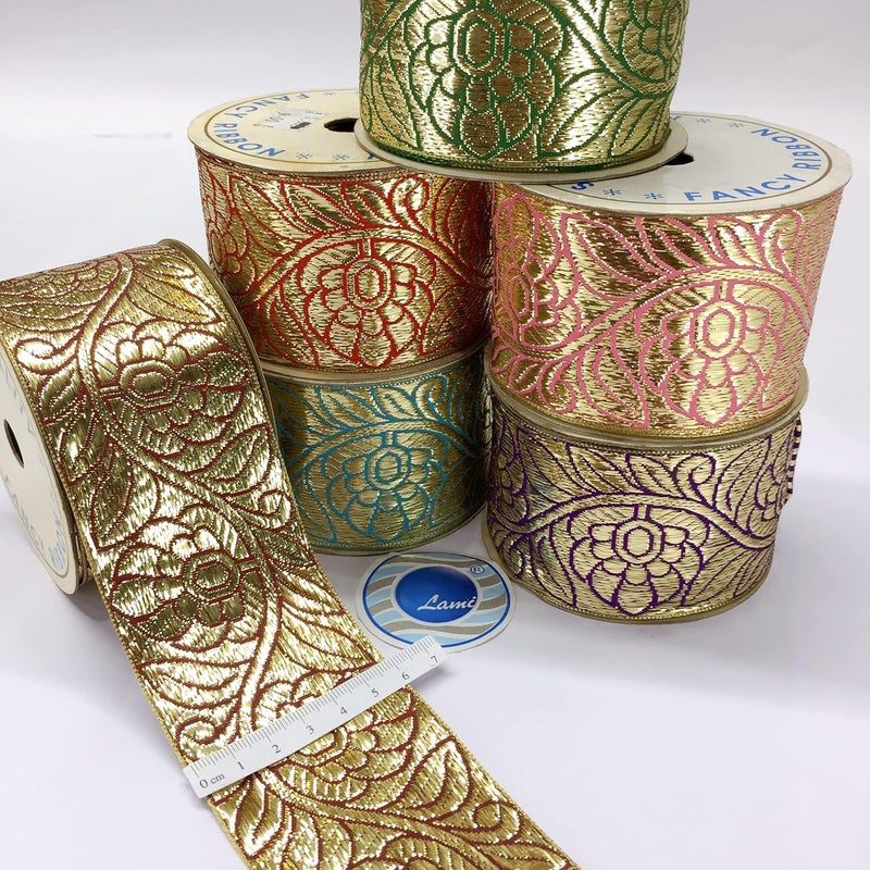Lami لأمي شريط جري/زاري ذهبي بطول 9 متر على قاعدة زرقاء، تصميم زهرة ذهبية، شريط تزيين للديكور المنزلي، فستان زفاف، ساري، دوبتة، بدلة، شريط أناركالي، مادة حرفية للخياطة DIY - Image 2