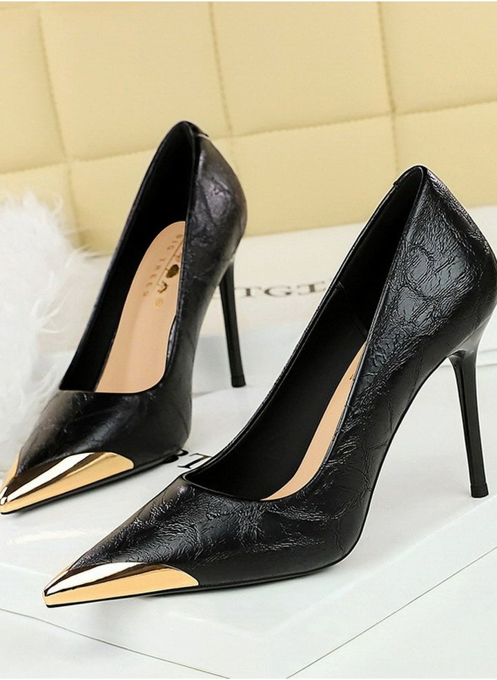 BIGTREE Women's Metal Closed Pointed Toe Party Stiletto Pumps Daily High Heels 9.5CM Black  - Image 1