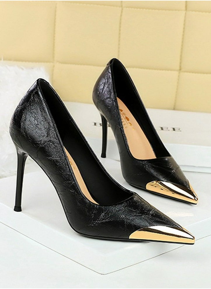 BIGTREE Women's Metal Closed Pointed Toe Party Stiletto Pumps Daily High Heels 9.5CM Black  - Image 2