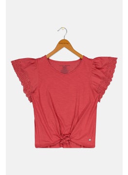 Kids Girl Round Neck Short Sleeves Textured Top, Red