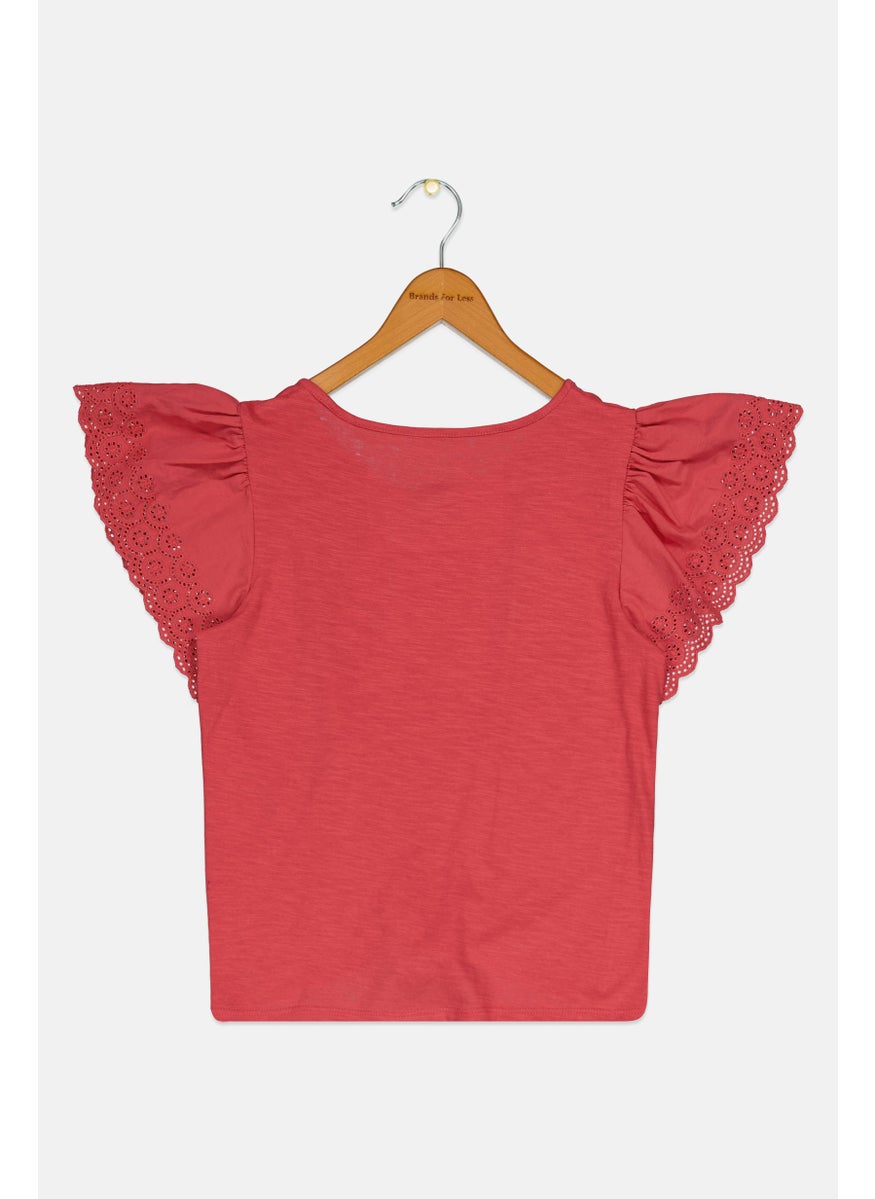 LUCKY BRAND - Kids Girl Round Neck Short Sleeves Textured Top, Red - Image 1