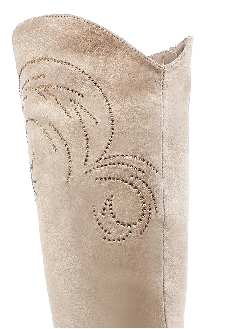 London Rag Rhinestone Patterned Calf Boots in Beige