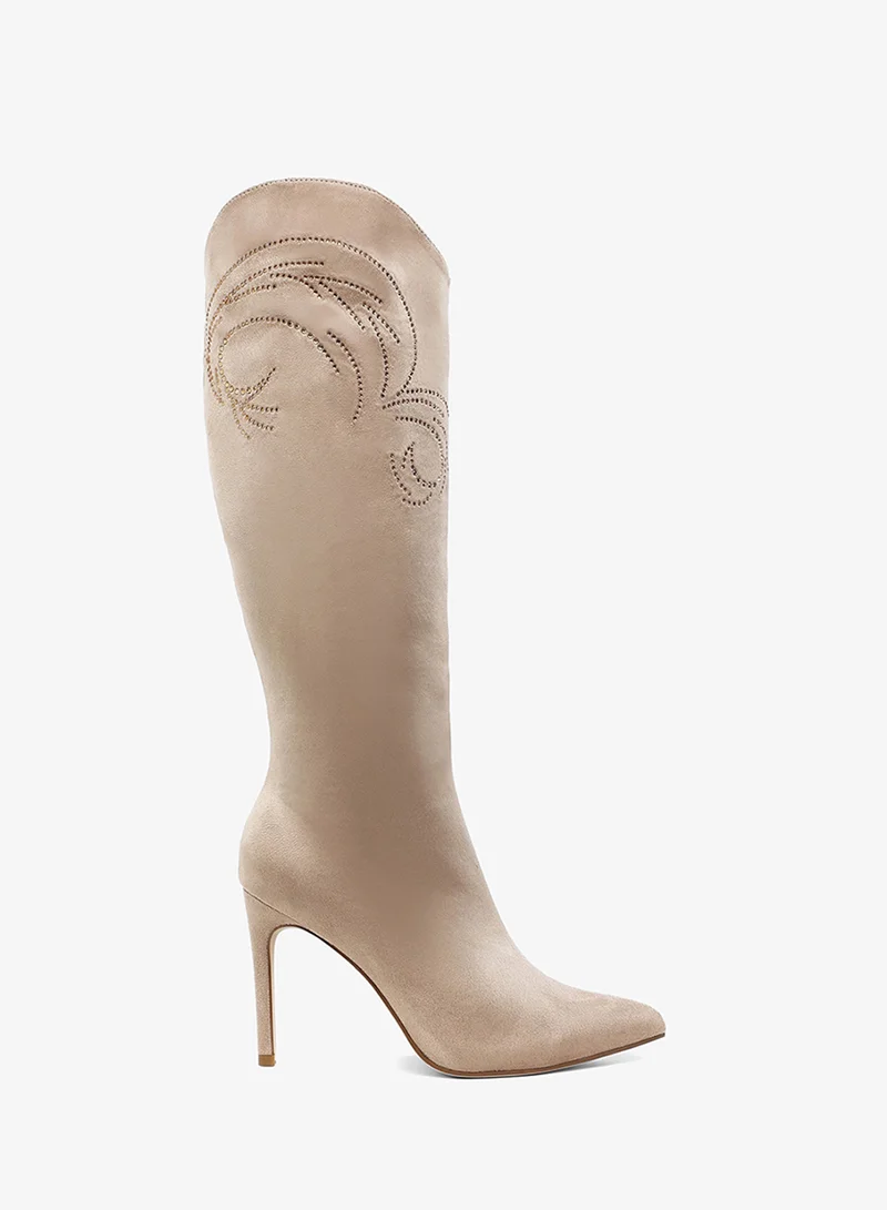 London Rag Rhinestone Patterned Calf Boots in Beige