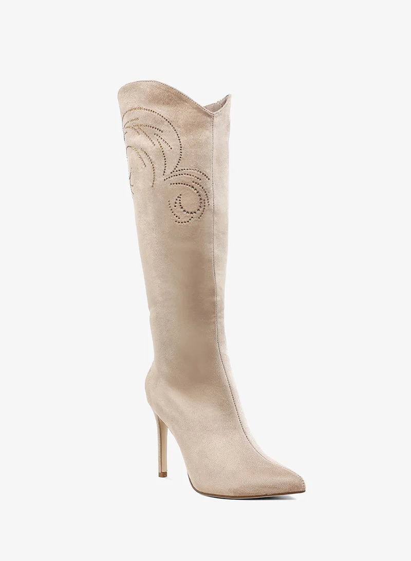 London Rag Rhinestone Patterned Calf Boots in Beige