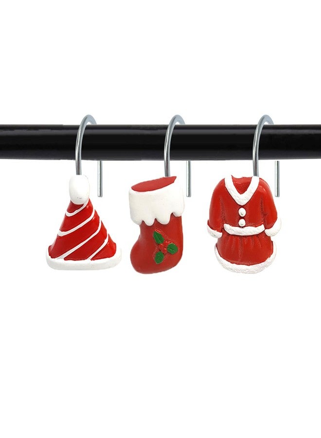 ZILucky Set of 12 Christmas Shower Curtain Hooks, Xmas Clothes Shoes Hats Decoration, Curtain Rings for Bathroom Holiday Ornament Supplies (Red-Clothes Shoes Hats) - Image 1