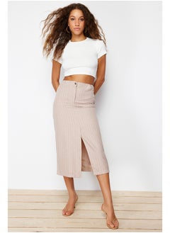 Beige Striped Slit Detailed A-line Midi Length Woven Skirt TWOSS24ET00100