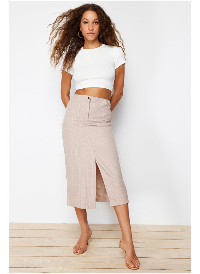 trendyol - Beige Striped Slit Detailed A-line Midi Length Woven Skirt TWOSS24ET00100 - Image 1