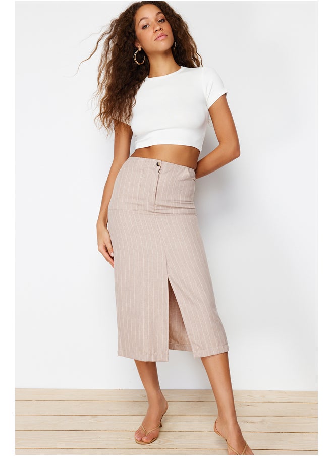 trendyol - Beige Striped Slit Detailed A-line Midi Length Woven Skirt TWOSS24ET00100 - Image 1