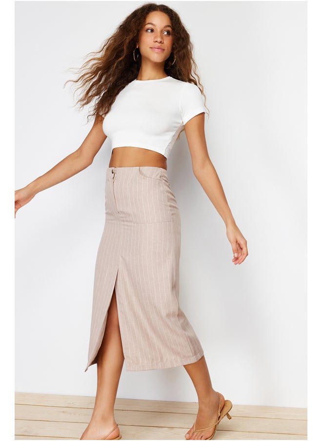 trendyol - Beige Striped Slit Detailed A-line Midi Length Woven Skirt TWOSS24ET00100 - Image 1