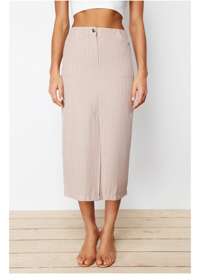 trendyol - Beige Striped Slit Detailed A-line Midi Length Woven Skirt TWOSS24ET00100 - Image 1
