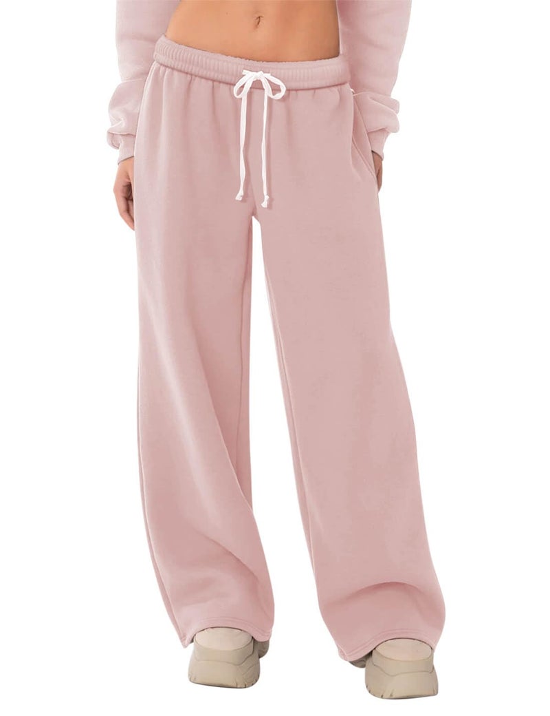 HeSaYep Women's Fleece Lined Sweatpants Wide Leg Baggy High Waisted Sweat Pants Drawstring Lounge Trousers Y2K Straight Leg Sherpa Pants Pink XS - Image 1