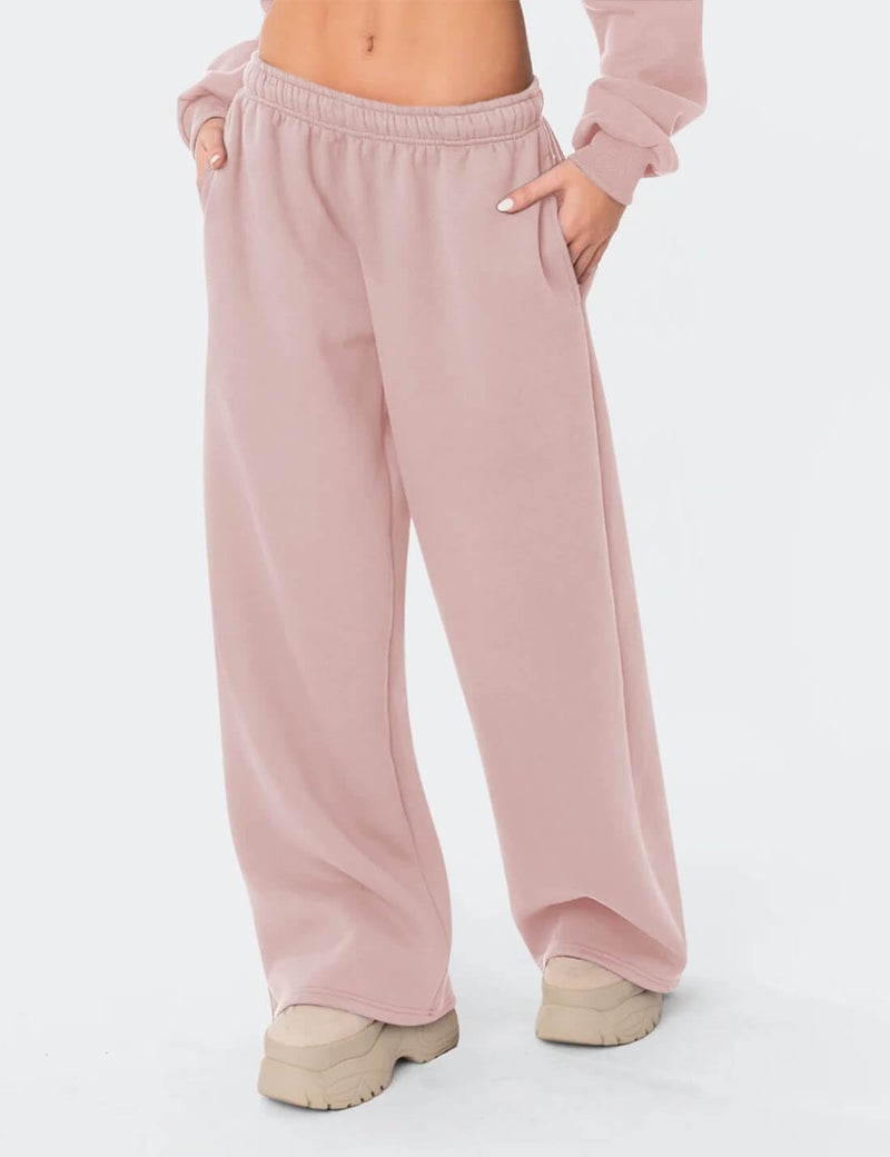 HeSaYep Women's Fleece Lined Sweatpants Wide Leg Baggy High Waisted Sweat Pants Drawstring Lounge Trousers Y2K Straight Leg Sherpa Pants Pink XS - Image 3