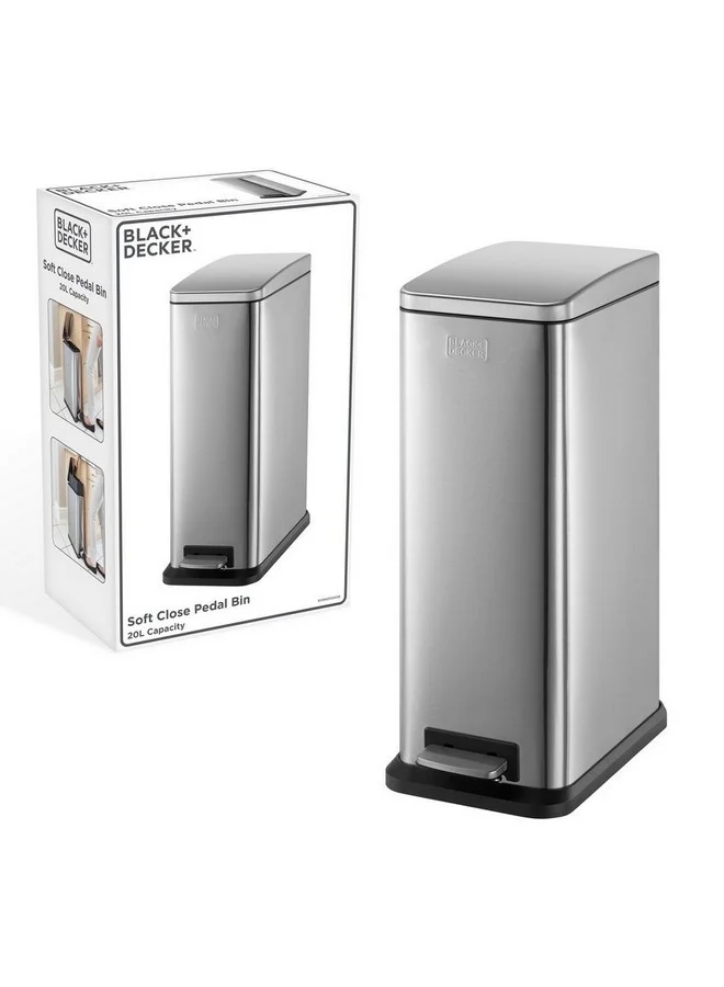 BLACK+DECKER Slim Line Soft Close Stainless Steel Pedal Trash Bin Silver and Black 20 L 61092