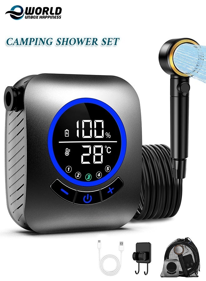 Eworld Portable Camping Shower with 8000mAh Rechargeable Battery, 6.0L/min Pump, LED Display, Storage Bag & Hook - Image 1