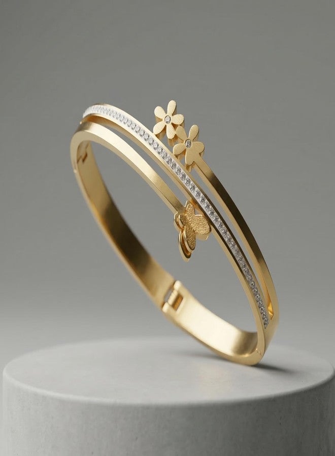 Dbell Anti Tarnish Stainless Steel Bracelet for Women & Girls | Gold Plated Butterfly Flower Design Bracelet | Stylish Trendy Fashion Jewellery - Image 3