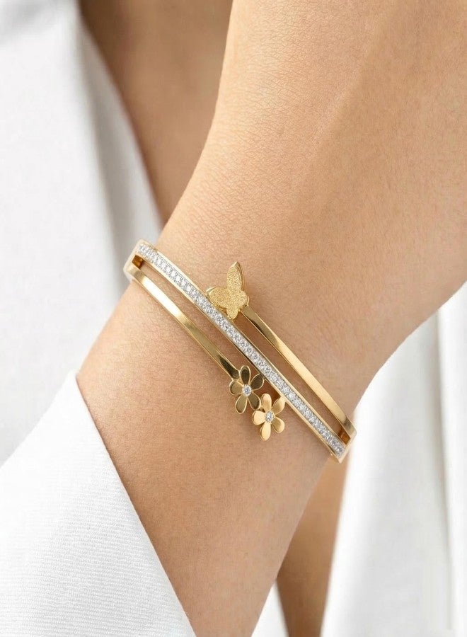 Dbell Anti Tarnish Stainless Steel Bracelet for Women & Girls | Gold Plated Butterfly Flower Design Bracelet | Stylish Trendy Fashion Jewellery - Image 2