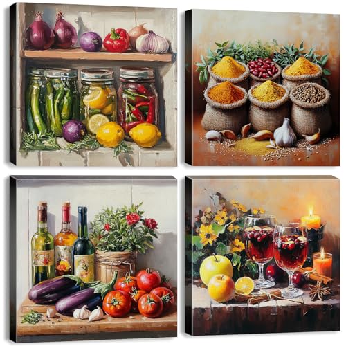 YOOOAHU Colorful Kitchen Wall Art Farmhouse Spices Food Herbs Pictures Mason Jar Wall Decor for Dining Room Rustic Vintage Fresh Vegetable Painting Canvas Prints Restaurant Artwork Home Decoration 12x12 4P - Image 1