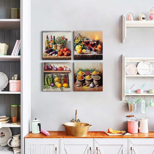 YOOOAHU Colorful Kitchen Wall Art Farmhouse Spices Food Herbs Pictures Mason Jar Wall Decor for Dining Room Rustic Vintage Fresh Vegetable Painting Canvas Prints Restaurant Artwork Home Decoration 12x12 4P - Image 3