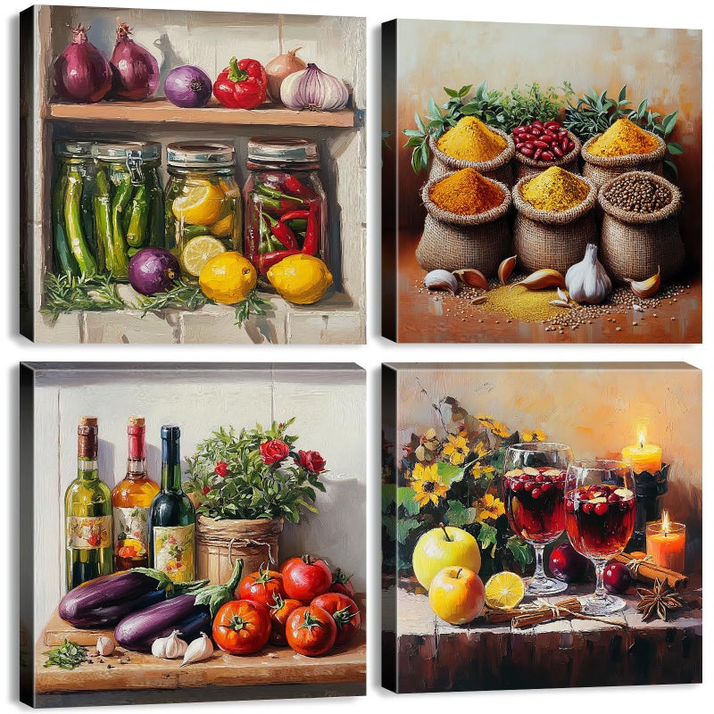 YOOOAHU Colorful Kitchen Wall Art Farmhouse Spices Food Herbs Pictures Mason Jar Wall Decor for Dining Room Rustic Vintage Fresh Vegetable Painting Canvas Prints Restaurant Artwork Home Decoration 12x12 4P - Image 2