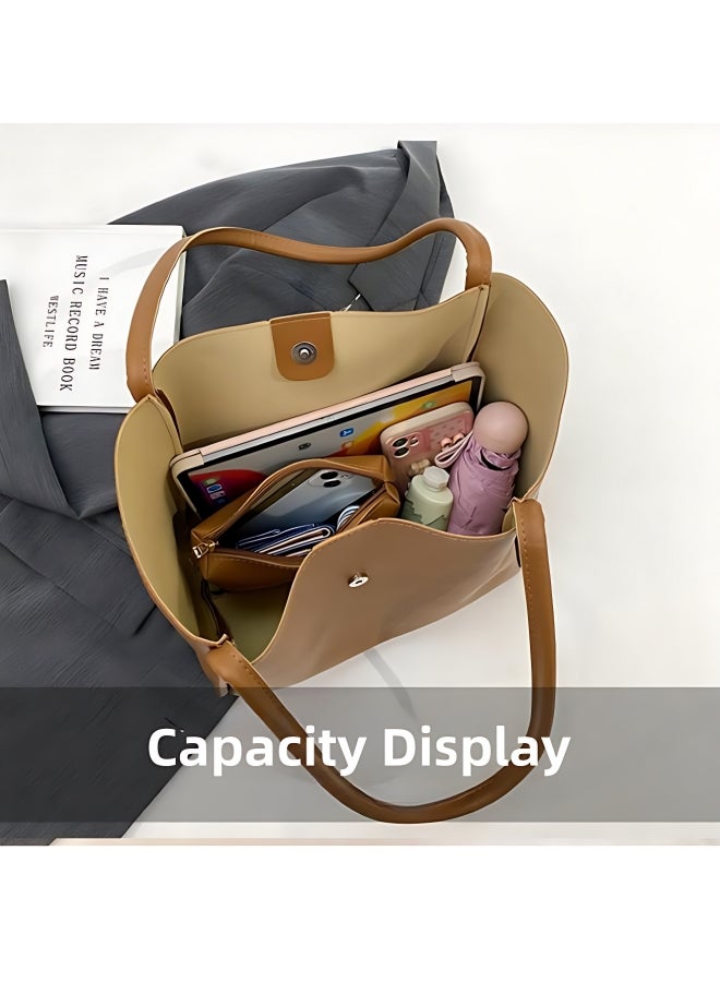 2 PC Large Capacity Tote Bag for Women, Ladies PU Leather Handbag Shopping Bag Clutch Bag Shoulder Bag, Daily Commuting Carrying Bag Side Bag Satchel Bag Office Bag for Girls/College Students/Teenager - Image 3