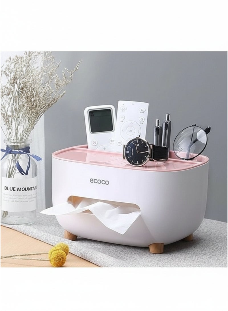 إيكوكو حامل مناديل، غطاء علبة مناديل مع مساحة تخزين، صندوق تخزين سطح المكتب، موزع حامل مناديل مناسب للطاولة الليلية، خزانة الملابس، المطبخ، سطح الطاولة، الحمام، طاولة المكتب - ابيض/وردى - Image 3