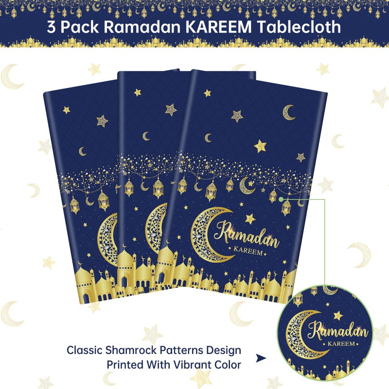 Litmitfu 3 Pack Ramadan Table Cloth - Blue and Gold Ramadan Kareem Table Cover, Plastic Disposable Rectangle Eid Moon Star Tablecloth for Ramadans Mubarak Tables Decorations and Party Decor, 108 x 54 Inch - Image 3