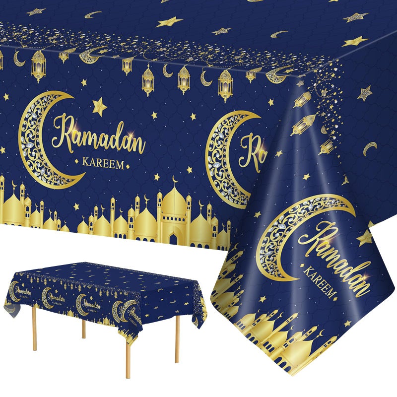 Litmitfu 3 Pack Ramadan Table Cloth - Blue and Gold Ramadan Kareem Table Cover, Plastic Disposable Rectangle Eid Moon Star Tablecloth for Ramadans Mubarak Tables Decorations and Party Decor, 108 x 54 Inch - Image 1