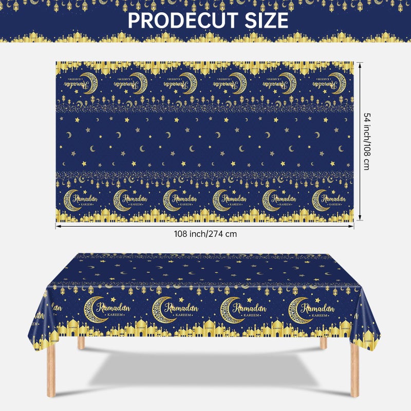 Litmitfu 3 Pack Ramadan Table Cloth - Blue and Gold Ramadan Kareem Table Cover, Plastic Disposable Rectangle Eid Moon Star Tablecloth for Ramadans Mubarak Tables Decorations and Party Decor, 108 x 54 Inch - Image 2