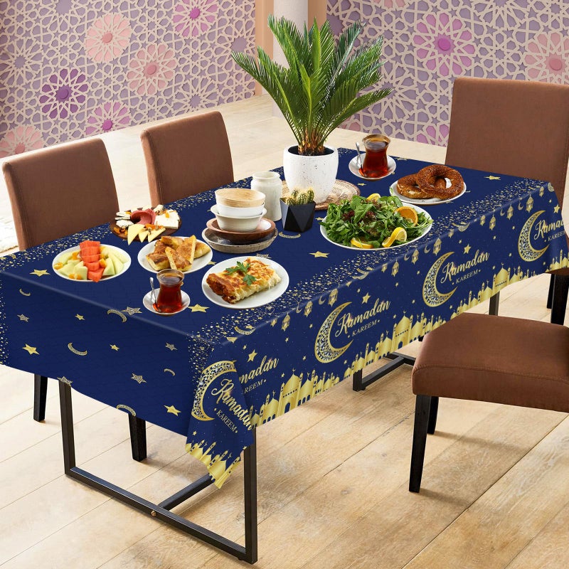 Litmitfu 3 Pack Ramadan Table Cloth - Blue and Gold Ramadan Kareem Table Cover, Plastic Disposable Rectangle Eid Moon Star Tablecloth for Ramadans Mubarak Tables Decorations and Party Decor, 108 x 54 Inch - Image 5