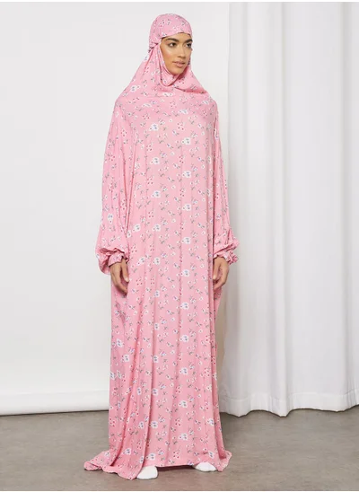 Hayat Praying Dress In Floral Print With Attached Veil