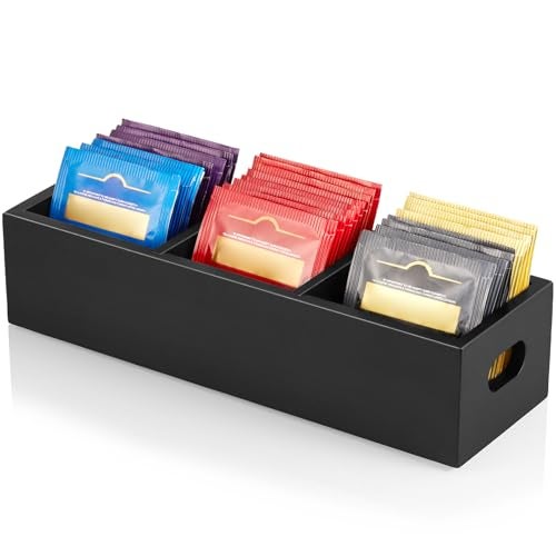 DRASTAR Tea Bag Organizer, Black Wooden Tea Bag Holder, Tea Storage Containers with 3 Slots, Sugar Packet Holder, Tea Bag Caddy Box for Countertop - Image 1