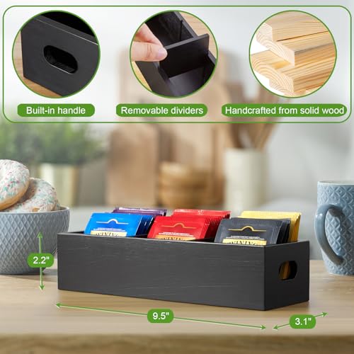 DRASTAR Tea Bag Organizer, Black Wooden Tea Bag Holder, Tea Storage Containers with 3 Slots, Sugar Packet Holder, Tea Bag Caddy Box for Countertop - Image 3