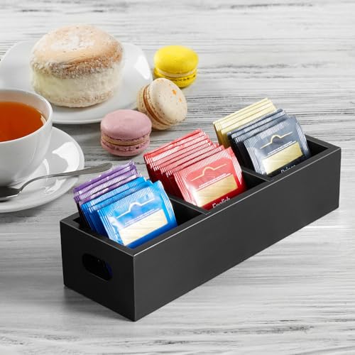 DRASTAR Tea Bag Organizer, Black Wooden Tea Bag Holder, Tea Storage Containers with 3 Slots, Sugar Packet Holder, Tea Bag Caddy Box for Countertop - Image 2
