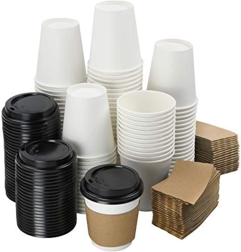 NYHI 100-Pack 8-16 oz White Paper Disposable Cups With Black Lids And Sleeves- Hot/Cold Beverage Drinking Cup for Water, Coffee or Tea - Ideal for Water Coolers, Party, or Coffee On the Go (8 ounce) - Image 1