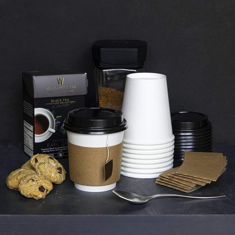 NYHI 100-Pack 8-16 oz White Paper Disposable Cups With Black Lids And Sleeves- Hot/Cold Beverage Drinking Cup for Water, Coffee or Tea - Ideal for Water Coolers, Party, or Coffee On the Go (8 ounce) - Image 3
