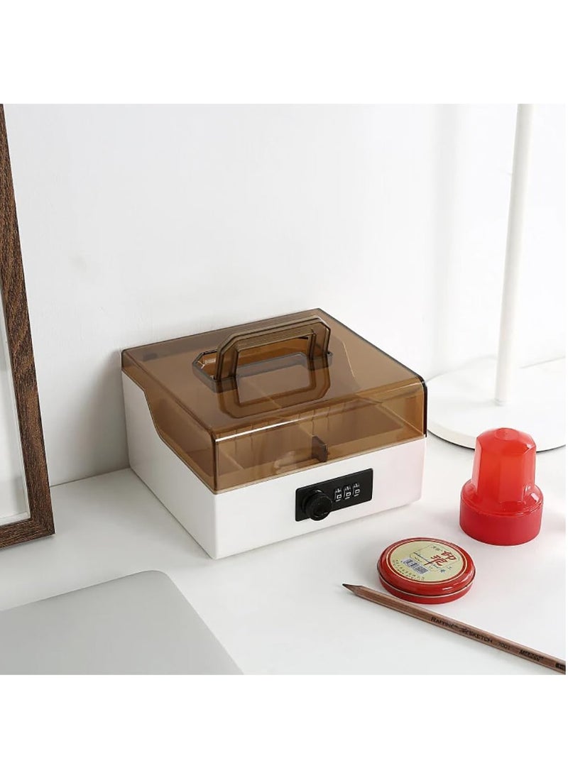 Stamps Storage Box with Combination Lock and Acrylic Top Lid Five Compartments - White/Brown