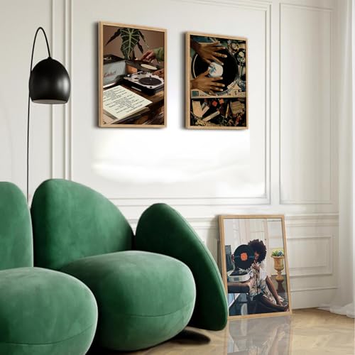 LRTNMTJ Framed Black Woman Canvas Wall Art Set of 3 Fashion Trend African American Women Wall Decor Abstract Black Girl Record Music Poster Prints Artwork for Bedroom Living Room Dorm Room Home Decoration - Image 5