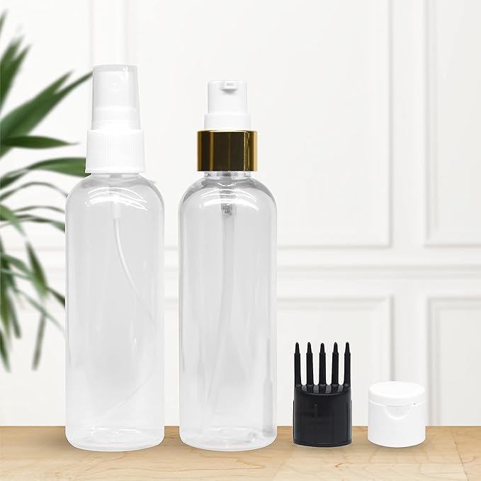 Mclear 2 Cylindrical Shape Bottle Durable Refillable Containers With 1 Pump Bottles Dispenser, 1 Spray Atomizer, 1 Root Comb Applicator, 1 Filp Top Cap, For Perfume, Liquids, Shampoo, Body Soap - Image 2