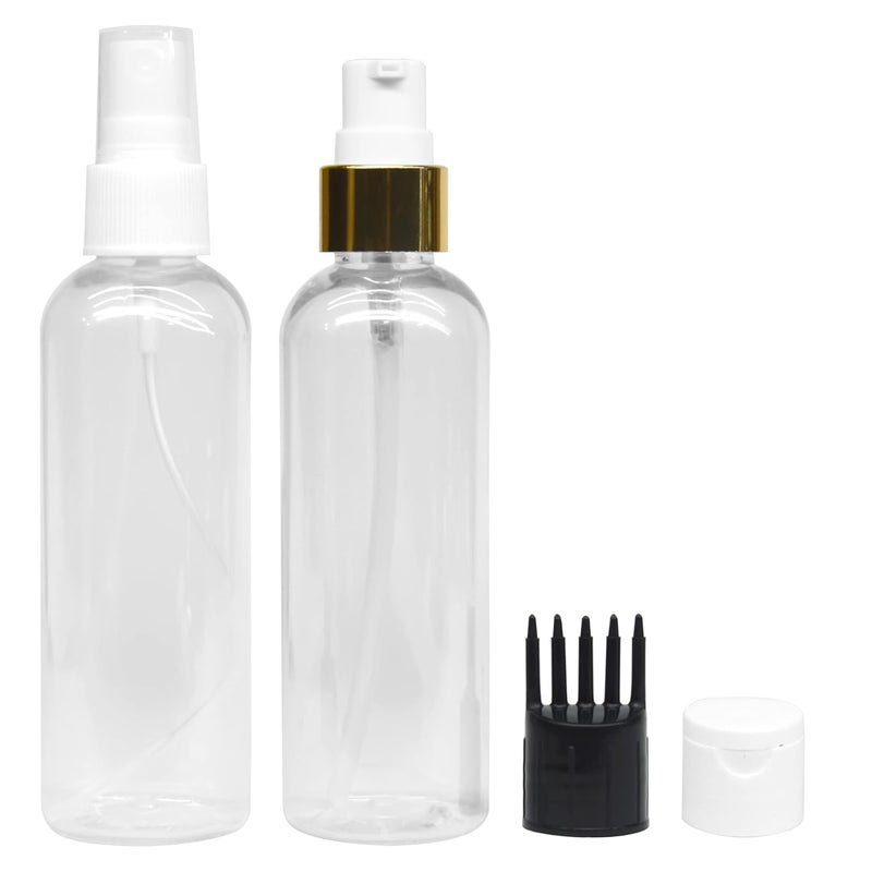 Mclear 2 Cylindrical Shape Bottle Durable Refillable Containers With 1 Pump Bottles Dispenser, 1 Spray Atomizer, 1 Root Comb Applicator, 1 Filp Top Cap, For Perfume, Liquids, Shampoo, Body Soap - Image 1