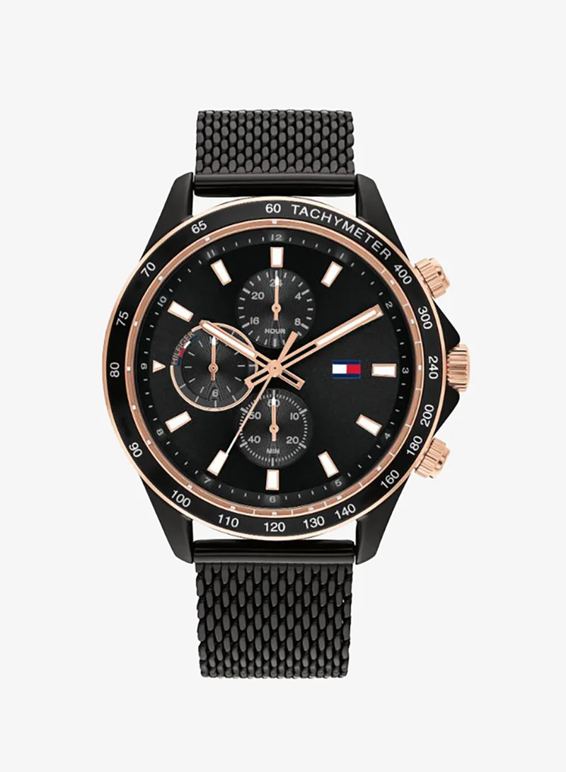 Men's Multifunction Watch, Black Dial, Black Stainless Steel Strap